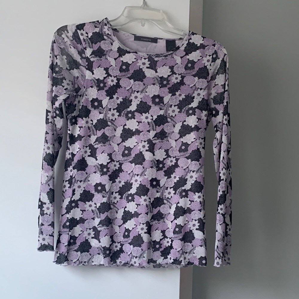 Liz Claiborne Floral Long Sleeve Top - Purple and Black